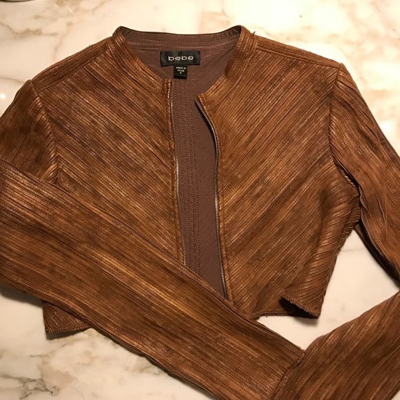BEBE Cropped Leather Jacket Cognac Brown - Picture 3 of 5